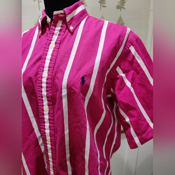 Mens Vintage Ralph Lauren Candy Stripe Short Sleeve Collar Shirt - Large - Picture 6 of 12